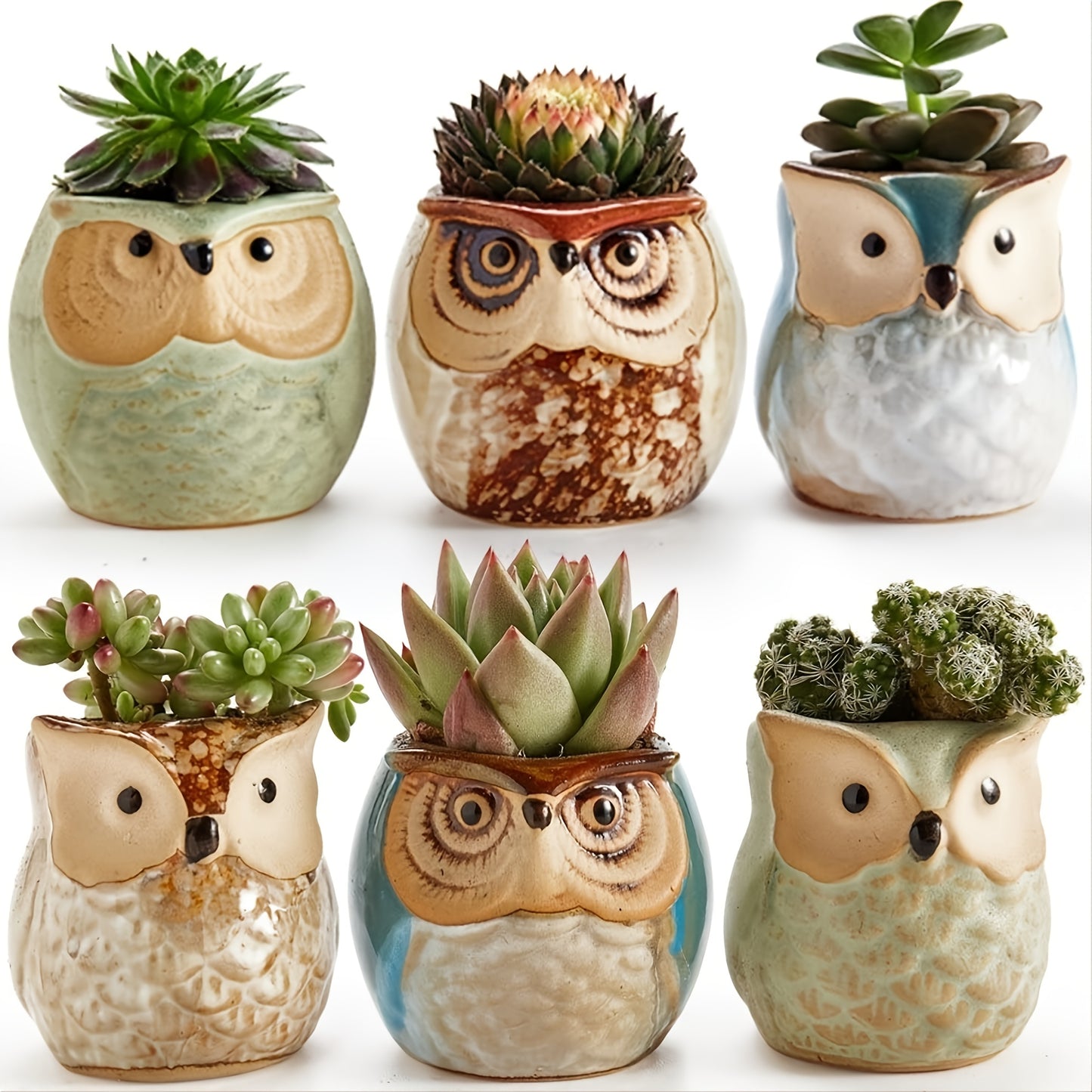 6 Packs, 6.35 cm Owl Succulent Plant Pots - Mini Ceramic Planters with Drainage Holes