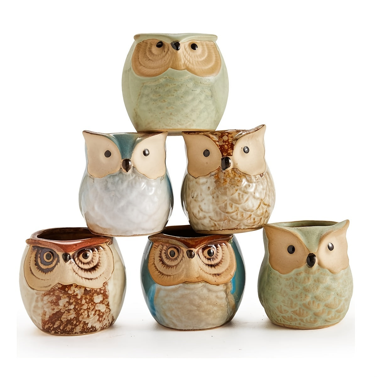 6 Packs, 6.35 cm Owl Succulent Plant Pots - Mini Ceramic Planters with Drainage Holes