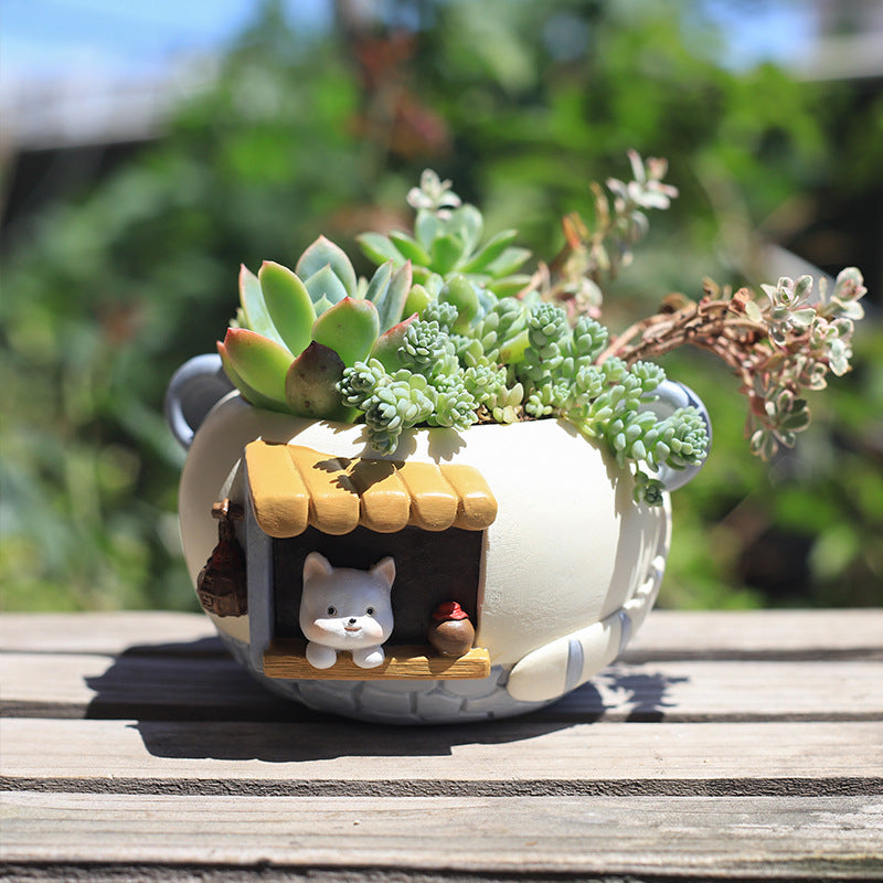 Cute Pet Resin Flower Pot - Cat & Fox Garden Decor